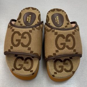 Gucci Beige and Brown Monogram Slides